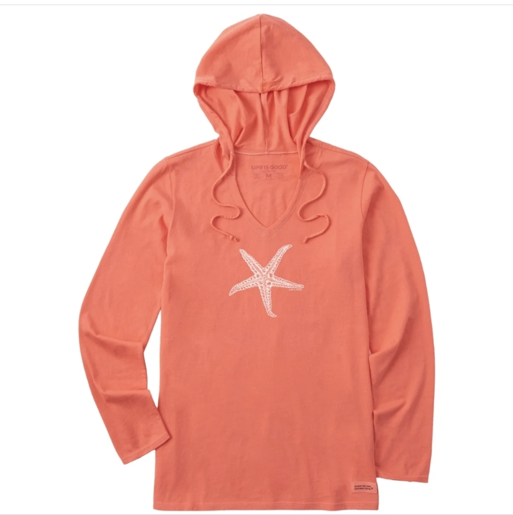 Life Is Good Lightweight Pullover Hooded Crusher Tee Starfish Coral XS BNWT SO